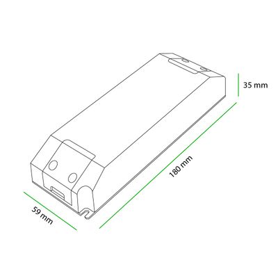 Strichzeichnung einer rechteckigen LED-Komponente, Abmessungen: 180x59x35mm, illustriert mit schwarzen und grünen Linien. Ideal für LED-Beleuchtung SEO.