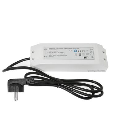 Weißes rechteckiges LED-Steuergerät mit zweipoligem Stecker, schwarzem Kabel und Informationen und Symbolen zur energieeffizienten Beleuchtung.