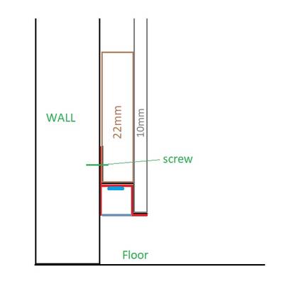 Installationsschema der LED-Beleuchtung, Seitenansicht von Wand und Boden, mit Schraubenbefestigungen bei 22 mm und 13 mm.