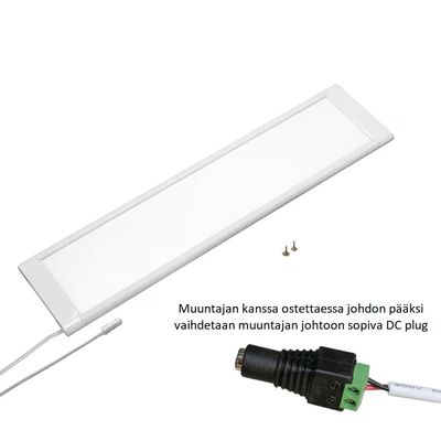 Rechteckige weiße LED-Anbauleuchte mit Netzkabel und Befestigungsschrauben auf weißem Hintergrund.