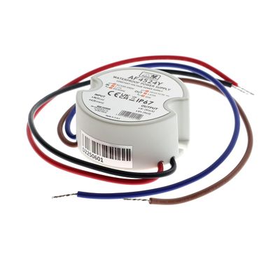 LED-Controller, rundes Design, vit kapsling med märkning, rote, blaue und braune Ledare angeschlossen