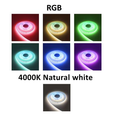 RGB-LED-Leuchtband: rot, grün, blau, gelb, cyan, violett, 4000K off-white-Leuchtband.