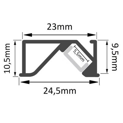 Technische Zeichnung: Querschnitt eines LED-Profils mit den Maßen - Breite 24 mm, Höhe 10,5 mm, innere Breite 22,6 mm - für eine präzise Beleuchtungsinstallation.