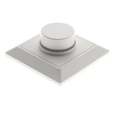 Weißer LED-Lichtdimmer mit großem Drehknopf zur Steuerung der Innenbeleuchtung. Flacher Hintergrund.