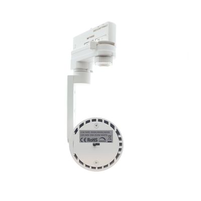 Weiße LED-Schienenbeleuchtung mit zylindrischem Kopf, Rückansicht mit elektrischen Informationen und Zertifizierungsetiketten.