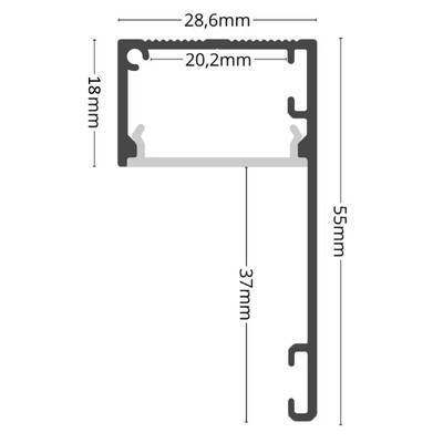Technische Zeichnung des schwarzen LED Aluminiumprofils, L-förmig 28,6x55mm, innere Breite 20,2mm, innere Höhe 37mm.