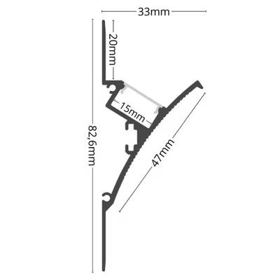 Querschnitt eines LED-Beleuchtungsprofils mit den Abmessungen 33 mm, 20 mm, 15 mm, 47 mm und 82,6 mm für den Einbau.