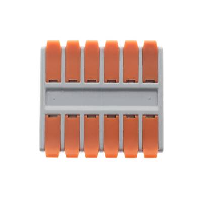 Ein elektrischer Anschlussblock mit zehn orangefarbenen Hebeln, von oben gesehen, der in LED-Beleuchtungsanlagen verwendet wird.