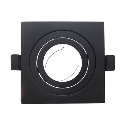 Quadratische, schwarze LED-Einbauleuchte, runde Öffnung, Deckenleuchte vor weißem Hintergrund.
