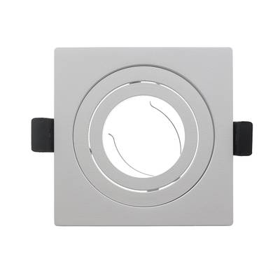 Quadratische LED-Einbauleuchte, grauer Rahmen, runder Mittelteil, zwei schwarze Befestigungsklammern auf jeder Seite.