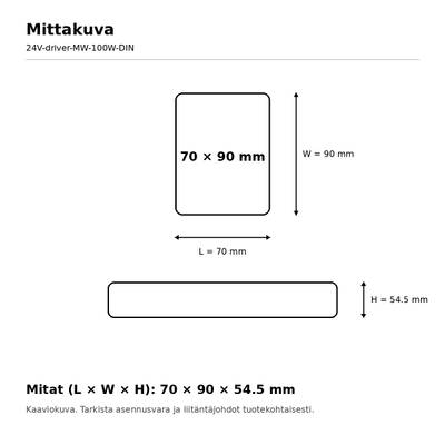 Technische Zeichnung des Gehäuses einer LED-Leuchte, Abmessungen 70 x 90 x 54,5 mm, Maße in Finnisch angegeben