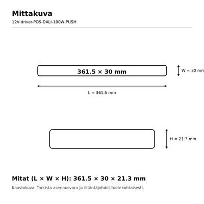 Schematische Darstellung des LED-Leuchtengehäuses: Länge 361,5 mm, Breite 30 mm, Höhe 21,3 mm; die Maße sind mit Pfeilen gekennzeichnet.
