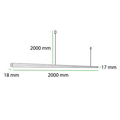 Schema einer rechteckigen LED-Leuchte, Länge 2000 mm, Breite 18 mm, Höhe 17 mm, aufgehängt an zwei Drähten für moderne Beleuchtungslösungen.