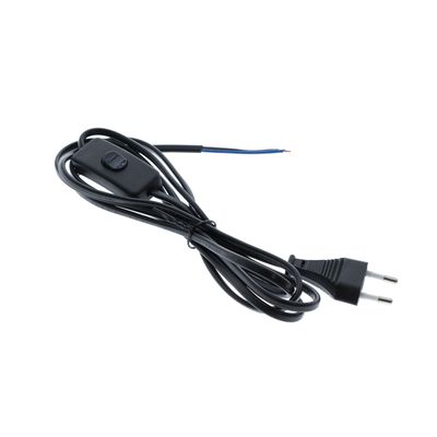 Schwarzes europäisches Netzkabel mit An-/Ausschalter und zwei sichtbaren Drähten, ideal für LED-Beleuchtung.