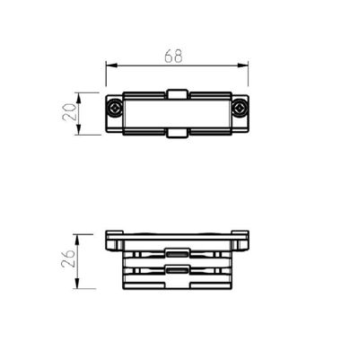 Technische Zeichnung eines rechteckigen mechanischen Teils, 68mm x 20mm, Seiten-/Dachansicht und Schraubenlöcher. Ideal für die Montage von LED-Leuchten.