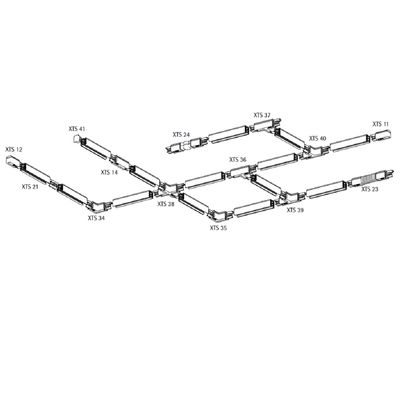 Ein Diagramm der miteinander verbundenen mechanischen Teile, die mit XTS 11 - XTS 41 bezeichnet sind, bildet ein geometrisches Modell zur Optimierung der LED-Beleuchtungsbewegung.