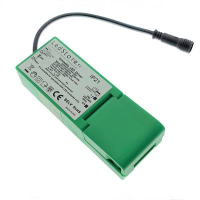 Grüner LED-Controller mit schwarzem Kabel, der technische Informationen und Symbole anzeigt; ideal für umweltfreundliche und effiziente Beleuchtungslösungen.