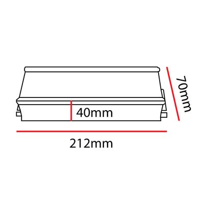 Schema einer rechteckigen LED-Leuchte: Länge 212 mm, Höhe 70 mm, Breite 40 mm; Abmessungen zur besseren Übersichtlichkeit in Rot.