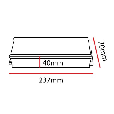 Strichzeichnung einer trapezförmigen LED-Leuchte, Maße rot markiert: Höhe 40 mm, Breite 237 mm und Tiefe 70 mm.