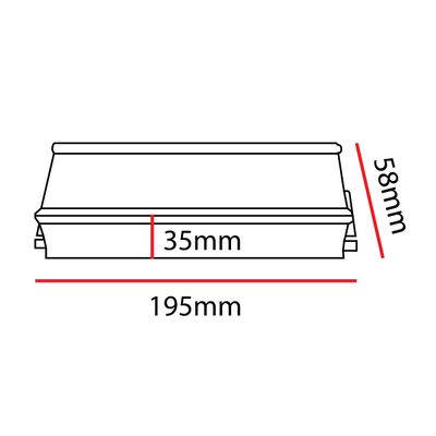 Diagramm mit den Abmessungen einer rechteckigen LED-Leuchte: 35 mm Breite, 195 mm Länge und 58 mm Höhe, ideal für kompakte Beleuchtungslösungen.