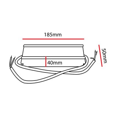 Strichzeichnung einer LED-Komponente: 185 mm breit, 50 mm hoch, 40 mm tief. Die Drähte reichen von beiden Seiten. Ideal für Elektronik und LED-Beleuchtungslösungen.