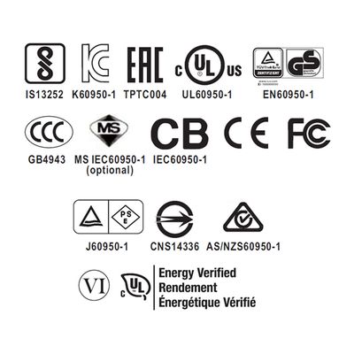 Zertifizierungen: CE-, FCC- und UL-Logos in Weiß; sie gewährleisten die Konformität der LED-Beleuchtungsprodukte.
