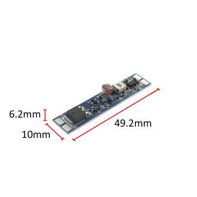 Schmale LED-Leiterplatte (49x10mm) mit unten sichtbaren lichttechnischen Informationen.