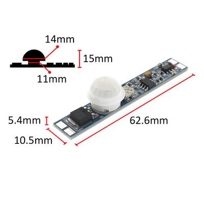 Schlanker PIR-Sensor für LED-Beleuchtung, kompakte Leiterplatte und Abdeckung, 62,6 x 10,5 x 5,4 mm, Abdeckung 14 x 15 mm