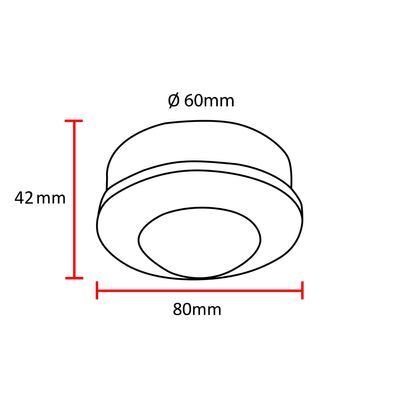 Schaltplan für kreisförmige LED-Beleuchtungskomponenten, Höhe 42 mm, Breite 80 mm, Durchmesser 60 mm, abgebildete Abmessungen.
