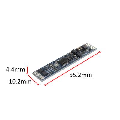 Strichzeichnung einer elektronischen Leiterplatte, Abmessungen 55 mm x 10 mm x 3 mm, detailliert mit Bauteilen - ideal für LED-Beleuchtungsanwendungen.