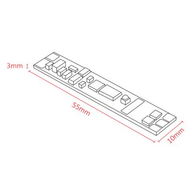 Strichzeichnung einer elektronischen Leiterplatte, Abmessungen 55 mm x 10 mm x 3 mm, detailliert mit Bauteilen - ideal für LED-Beleuchtungsanwendungen.