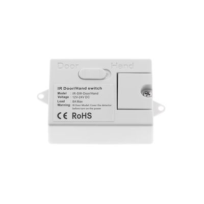 Alternativer Text: "Weißer IR Tür-/Handschalter mit Einstellungen, Modell, Spannungsinformationen und RoHS-Zertifikat für LED-Beleuchtung.