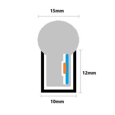Schema einer runden LED-Lampe: Breite 10 mm, Höhe 12 mm, mit einer vertikalen blauen Linie und einem orangefarbenen Rechteck auf der rechten Seite.