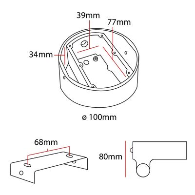 Technische Zeichnung: runde LED-Vorrichtung, Durchmesser 100 mm, Tiefe 39 mm, Breite 77 mm, Höhe 34 mm. L-förmige Halterung: Lochbreite 68 mm, Tiefe 80 mm.