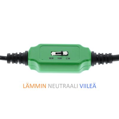 Grüner Schalter mit schwarzem Kabel und den Aufschriften "WW", "NW" und "CW" für warme, neutrale und kühle Lichteinstellungen. LED-Optionen: warm, neutral, kühl.