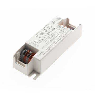 Weißer LED-Controller mit Leistungsangaben und Zertifizierungsetiketten, ideal für energieeffiziente Beleuchtungslösungen.