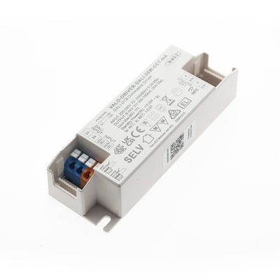 Nahaufnahme des LIGHT SENSOR DALI 32W SELV-Controllers mit markierten Eingängen, Ausgängen und elektrischen Informationen für LED-Beleuchtung.