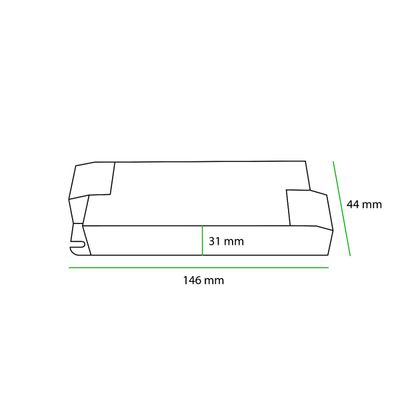 Bild eines rechteckigen LED-Gehäuses mit der Aufschrift "Länge 146 mm, Höhe 44 mm" mit einem hervorgehobenen Teil von 31 mm zur einfachen Identifizierung.