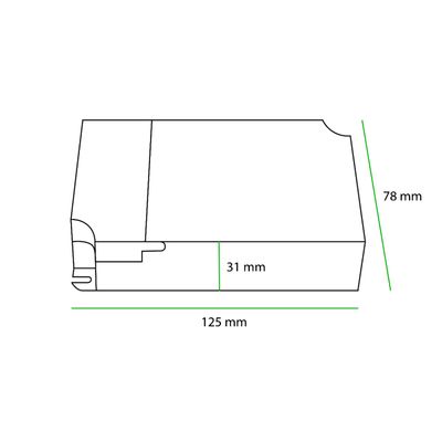Strichzeichnung einer rechteckigen LED-Leuchte von 125 mm Länge, 78 mm Höhe und 31 mm Breite mit Konturen und Kanten zur Verbesserung der Suchmaschinenoptimierung.