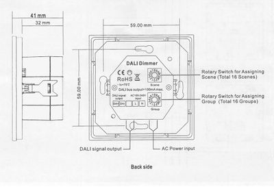 Alternativer Text: Technisches Schema eines DALI-Dimmers mit Abmessungen, DALI-Ausgang, AC-Eingang und Drehschalter zur Einstellung von Szenen und Gruppen.