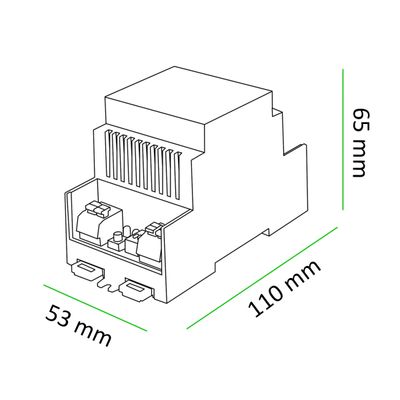 Strichzeichnung einer elektronischen LED-Vorrichtung, Abmessungen 110x65x53 mm, für eine effiziente LED-Bewegungsbeleuchtung.