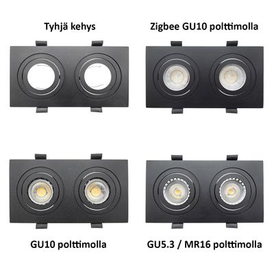 Vier Einbauleuchten mit weißem Sockel: Leergehäuse, Zigbee GU10, GU10 und GU5.3/MR16 Modelle für LED-Beleuchtung Bewegung.