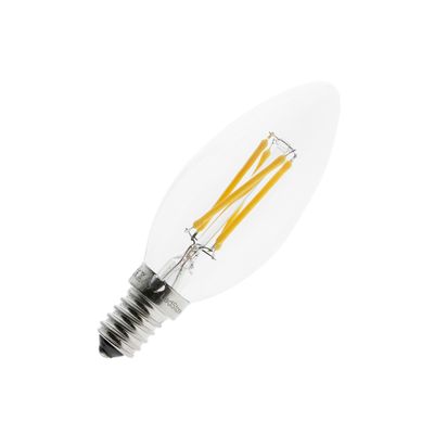 LED-Lampe mit klarem, länglichem Design, sichtbaren Glühfäden und Schraubsockel auf weißem Hintergrund - Energieeffiziente Beleuchtungslösung.