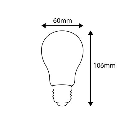 Diagramm mit Abmessungen der LED-Lampe mit Pfeilen: 60 mm Breite, 106 mm Höhe. Ideal für die Installation auf Standardmöbeln.