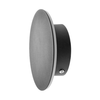 Elegante, moderne, schwarze LED-Wandleuchte mit rundem Plattendesign und sichtbarer seitlicher Schraube für stilvolle, energieeffiziente Beleuchtungslösungen.