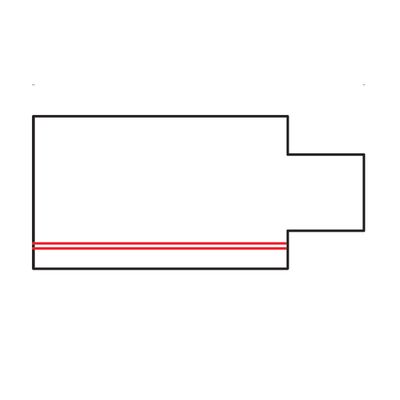 Firmenlogo für LED-Beleuchtung: schwarzer rechteckiger Umriss mit einer rechten Kerbe; rote horizontale Linie in der Mitte, die Energieeffizienz und modernes Design symbolisiert.