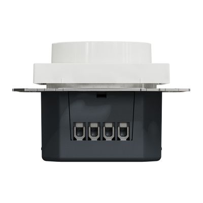 Nahaufnahme eines LED-Lichtschalters, sichtbare Anschlüsse und Verkabelung, mit weißer Wand im Hintergrund.