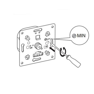 Nahaufnahme einer Platine mit einem Schraubenzieher beim Einstellen der "MIN"-Einstellung auf der LED-Beleuchtungsanzeige.