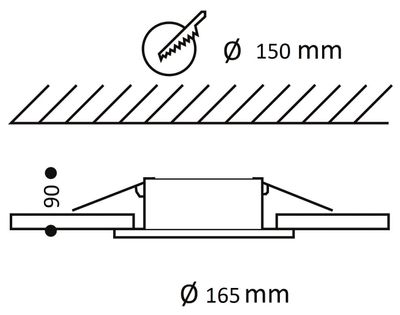 Einbauschema für Einbauleuchte: Tiefe 90 mm, Schnittdurchmesser 150 mm, Gesamtdurchmesser 165 mm - LED-Lichtbewegung.