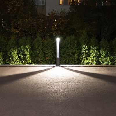 Ein nächtlicher Weg, beleuchtet von einer einzigen LED-Lichtsäule, die lange Schatten wirft, umgeben von üppigen grünen Sträuchern; ideal für die Außenbeleuchtung.